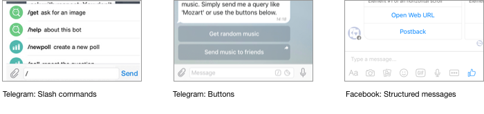 Affordances in the bot UIs from Telegram and Facebook
